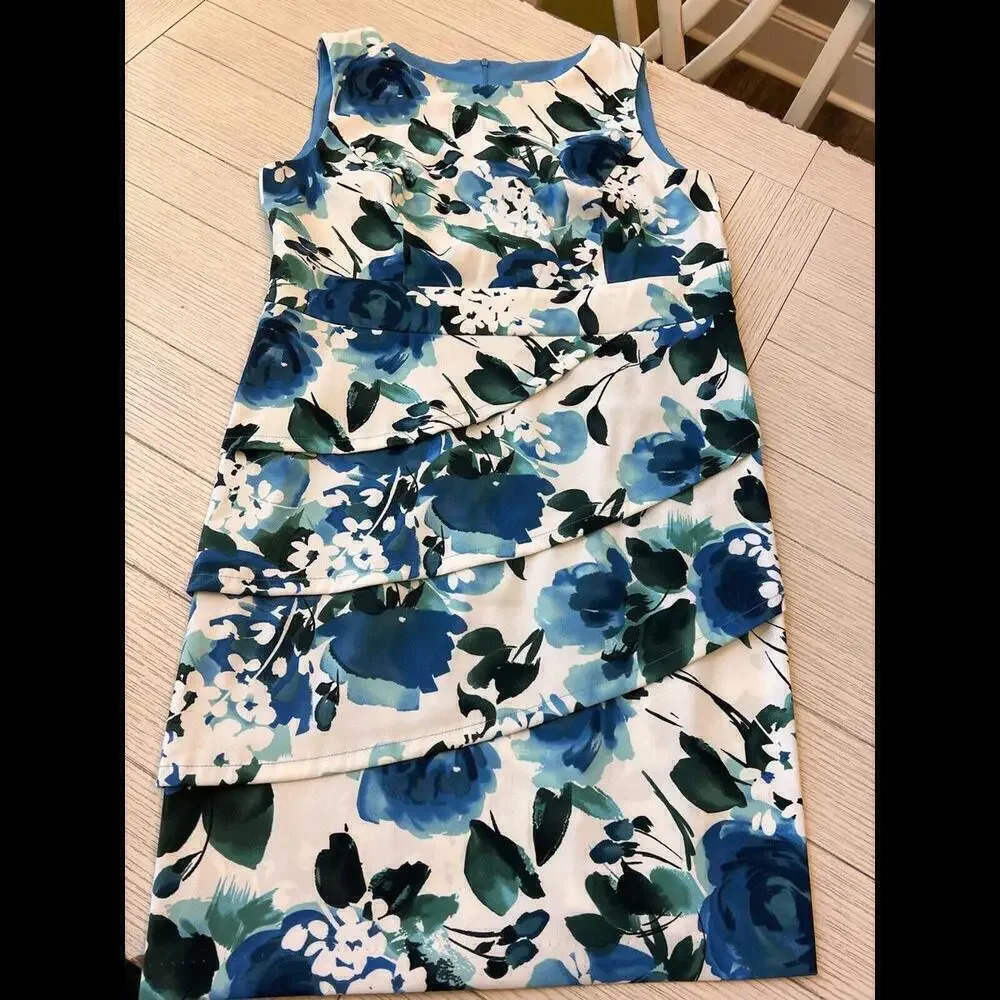 Dress Barn Women’s Blue & White Floral‎ Print Sheath Dress, Zip Closure, Size 14